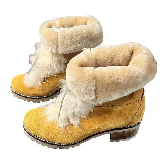 MONTELLIANA  Suede Shearling-Trimmed Hiking Boots in Chestnut NWOB 39 / 8 US