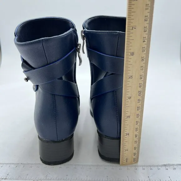 Navy Women Side Zip Pointed Toe Block Heel Buckle Strappy Dress Ankle Boots