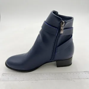 Navy Women Side Zip Pointed Toe Block Heel Buckle Strappy Dress Ankle Boots