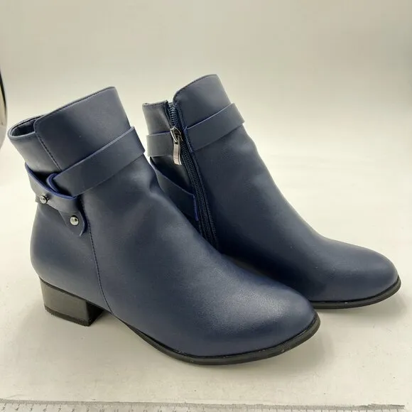 Navy Women Side Zip Pointed Toe Block Heel Buckle Strappy Dress Ankle Boots