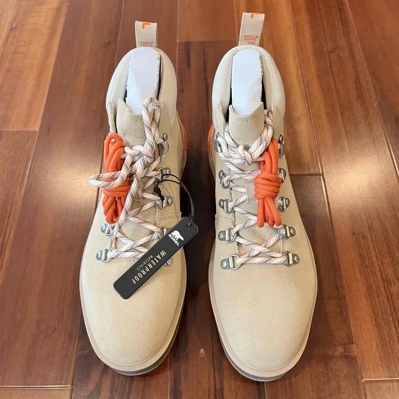 New Sorel Hi-Line Hiker Boot Ceramic Beige Lace-Up Orange Laces Leather Sz US 10