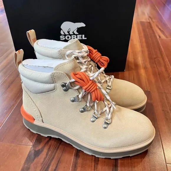 New Sorel Hi-Line Hiker Boot Ceramic Beige Lace-Up Orange Laces Leather Sz US 10