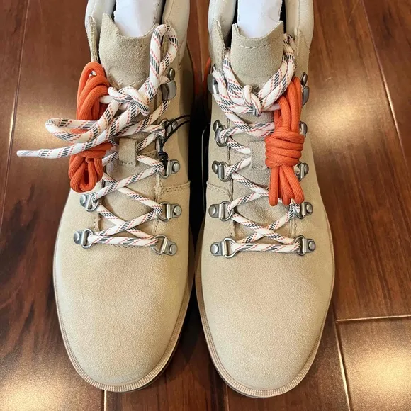 New Sorel Hi-Line Hiker Boot Ceramic Beige Lace-Up Orange Laces Leather Sz US 10