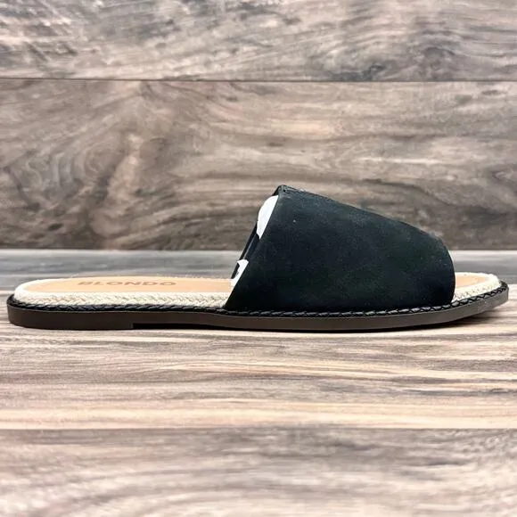 NIB Blondo 8.5M Waterproof Emilia Black Nubuck Slide Flat Sandals Jute Trim