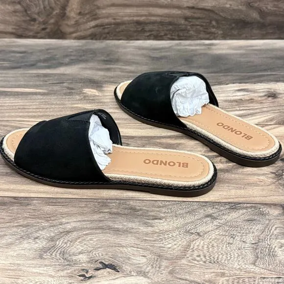 NIB Blondo 8.5M Waterproof Emilia Black Nubuck Slide Flat Sandals Jute Trim