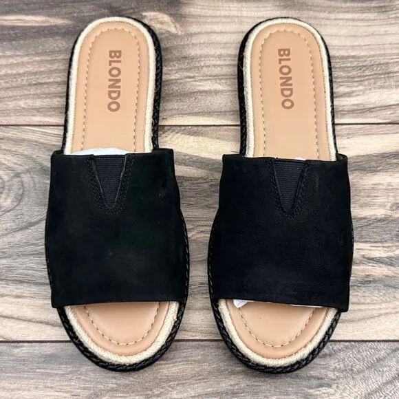 NIB Blondo 8.5M Waterproof Emilia Black Nubuck Slide Flat Sandals Jute Trim