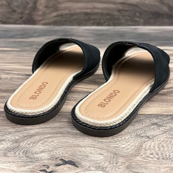 NIB Blondo 8.5M Waterproof Emilia Black Nubuck Slide Flat Sandals Jute Trim