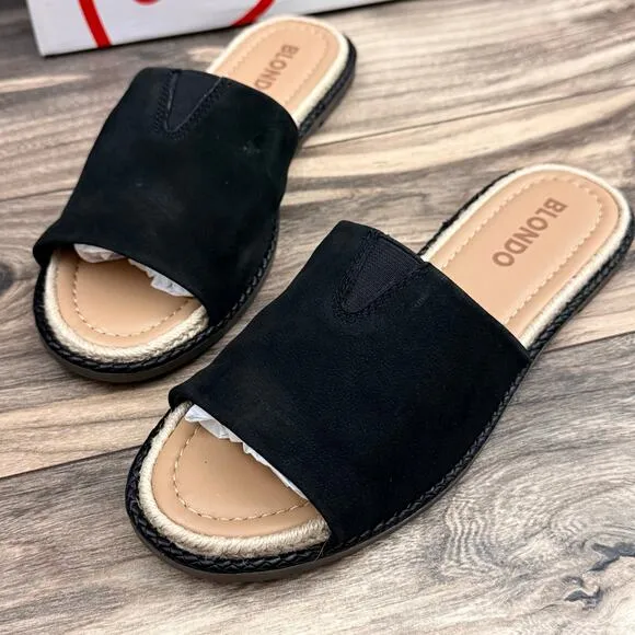 NIB Blondo 8.5M Waterproof Emilia Black Nubuck Slide Flat Sandals Jute Trim