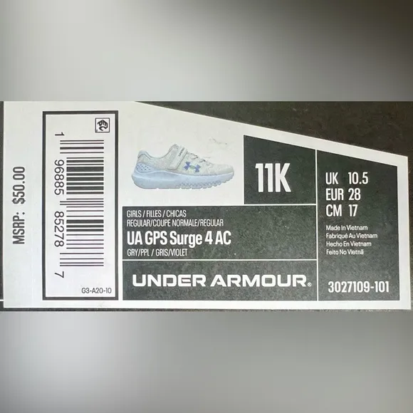 NIB Pre-School Under Armour UA Surge 4 AC Kids' Running Shoes, Size 11