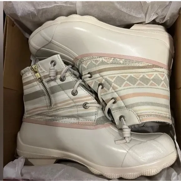 NIB Sperry Syren Gulf Playa Tan Striped Geometric Waterproof Duck Rain Boots
