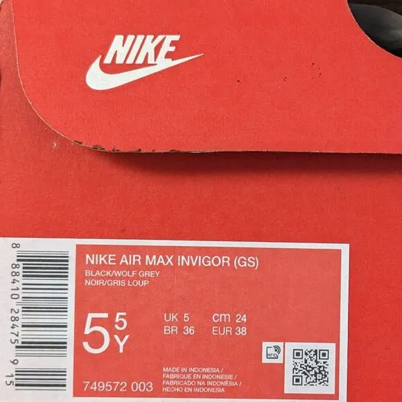 Nike Air Max Invigor Running Shoes, Black, Big Kids 5.5