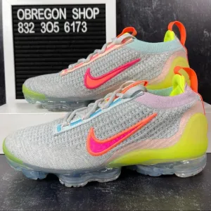 NIKE AIR VAPORMAX 2021 FLYKNIT NEON WOMENS RUNNING SHOES SIZE 5.5 GRAY NEW