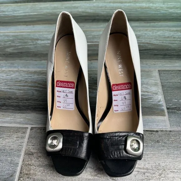 Nine West Get Some White and Black Heels 4.5&quot; NWT Platform Peep Toe Size 6M