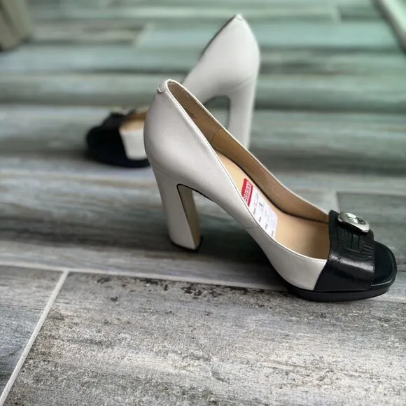 Nine West Get Some White and Black Heels 4.5&quot; NWT Platform Peep Toe Size 6M