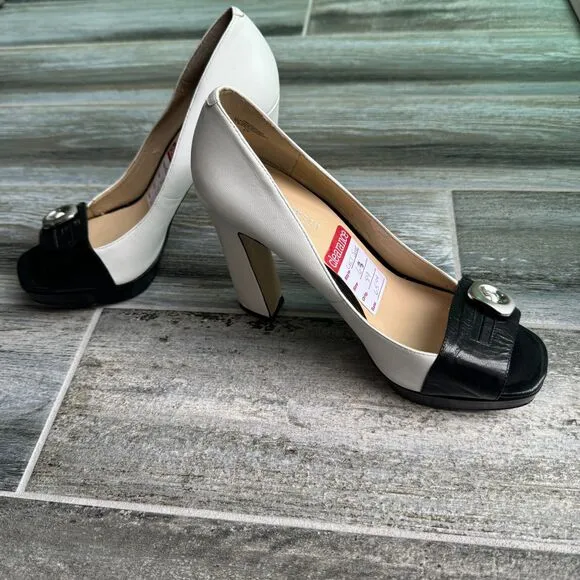Nine West Get Some White and Black Heels 4.5&quot; NWT Platform Peep Toe Size 6M