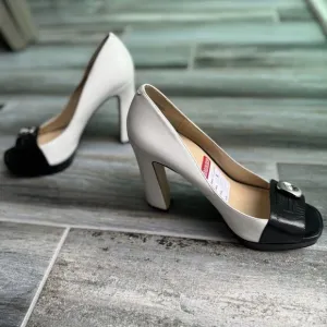 Nine West Get Some White and Black Heels 4.5&quot; NWT Platform Peep Toe Size 6M