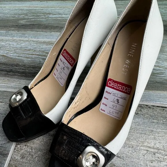 Nine West Get Some White and Black Heels 4.5&quot; NWT Platform Peep Toe Size 6M
