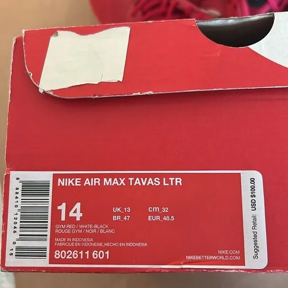 NWT Nike Air Max Tavas red leather with white swoop Size 14 in original box