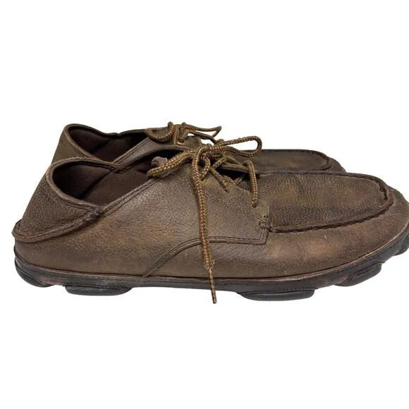 Olukai Hamakua Poko Brown Leather Moc Toe Collapsable Heel Oxford Shoes 10