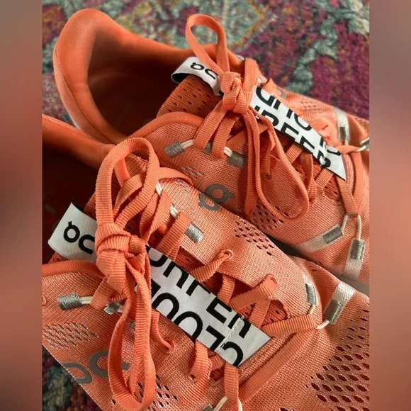 On Running | Men’s orange/white ‘Flame’ Cloudsurfer sneakers orange laces, 11.5