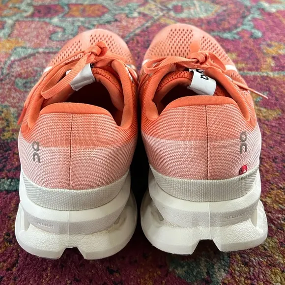 On Running | Men’s orange/white ‘Flame’ Cloudsurfer sneakers orange laces, 11.5