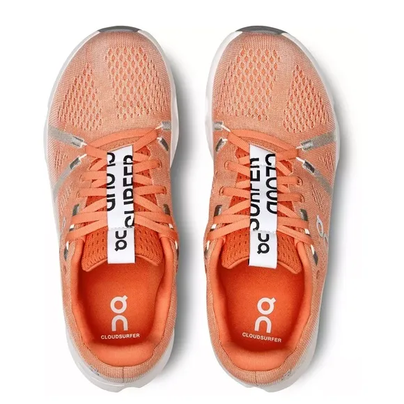On Running | Men’s orange/white ‘Flame’ Cloudsurfer sneakers orange laces, 11.5
