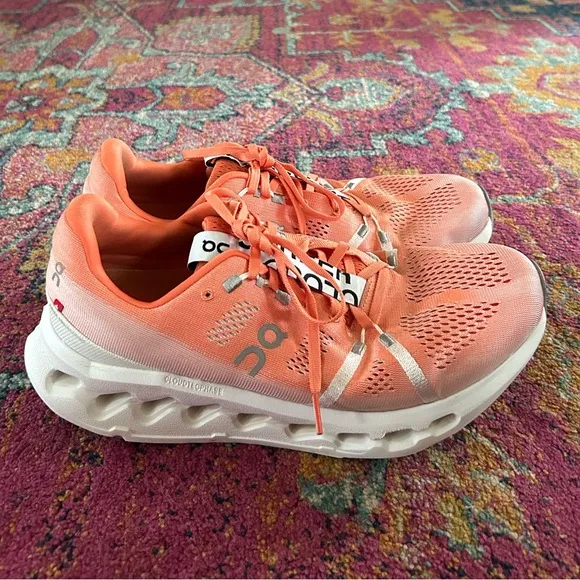 On Running | Men’s orange/white ‘Flame’ Cloudsurfer sneakers orange laces, 11.5