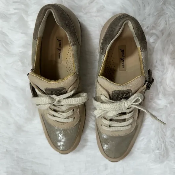 Paul Green Sneakers Shoes UK 4 US 6,5 Tan Metallic Leather Zip Lace Up