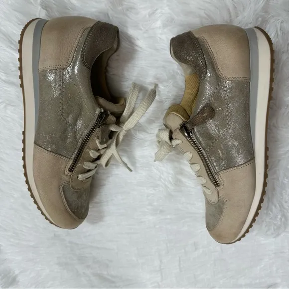 Paul Green Sneakers Shoes UK 4 US 6,5 Tan Metallic Leather Zip Lace Up