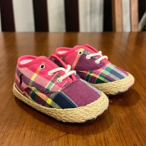 Polo Ralph Lauren Pink Plaid Bowman Lace Crib shoes sneakers Infant Baby Size 2