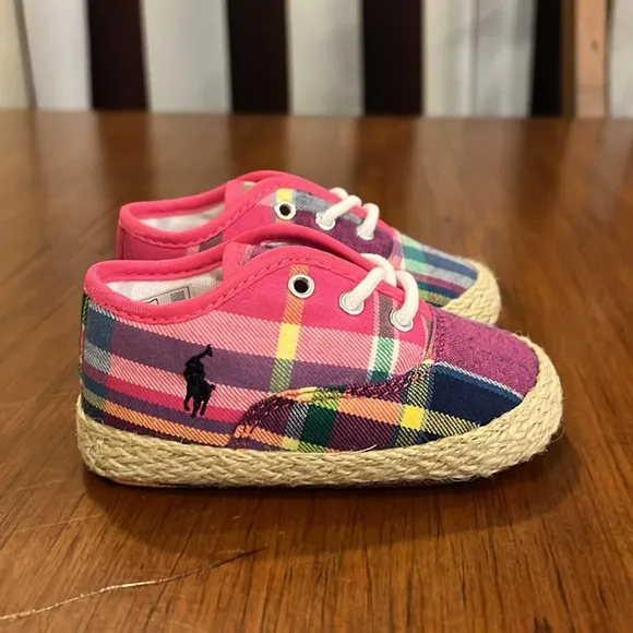 Polo Ralph Lauren Pink Plaid Bowman Lace Crib shoes sneakers Infant Baby Size 2