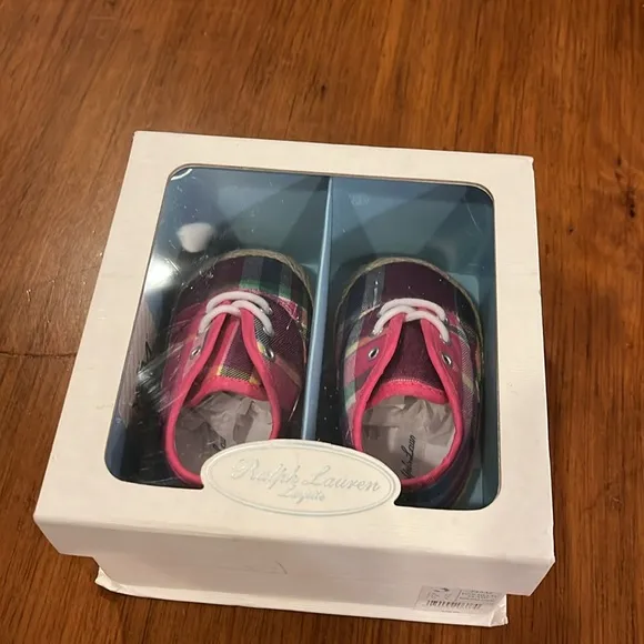 Polo Ralph Lauren Pink Plaid Bowman Lace Crib shoes sneakers Infant Baby Size 2