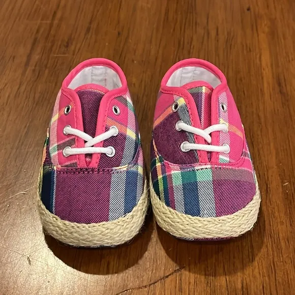 Polo Ralph Lauren Pink Plaid Bowman Lace Crib shoes sneakers Infant Baby Size 2