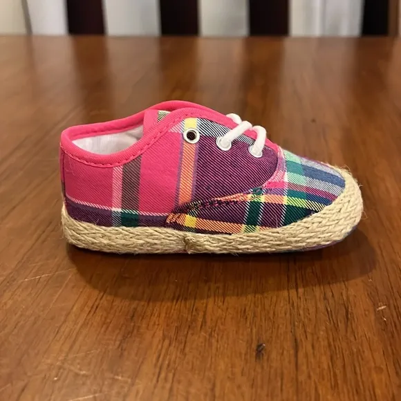 Polo Ralph Lauren Pink Plaid Bowman Lace Crib shoes sneakers Infant Baby Size 2