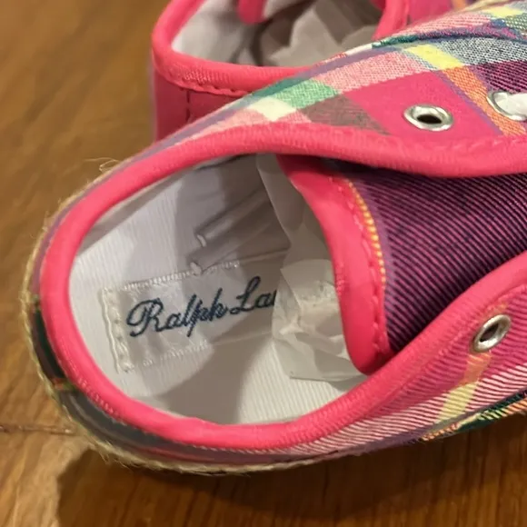 Polo Ralph Lauren Pink Plaid Bowman Lace Crib shoes sneakers Infant Baby Size 2