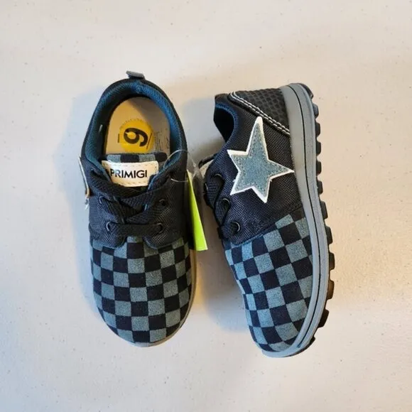 Primigi Boys Blue Checkered Star Sneakers Running Shoes Kids Size 25 8.5 New