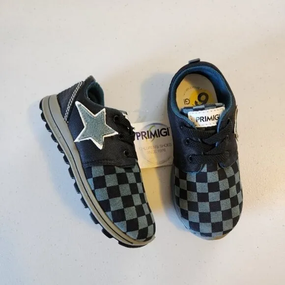 Primigi Boys Blue Checkered Star Sneakers Running Shoes Kids Size 25 8.5 New