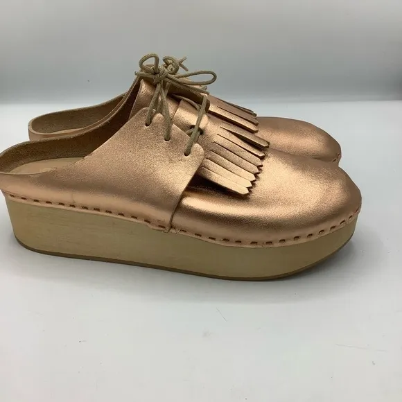 RARE FIND!!!! BRYR ZOE Copper Gold Mules with Fringe and Platform Sole
