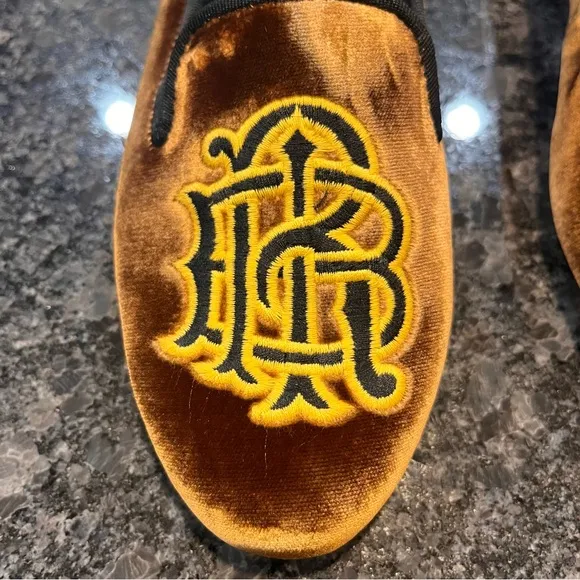 RARE Tory Burch Velvet Loafer Shoes Gold Brown Old Money Quiet Luxury Slide On