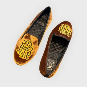 RARE Tory Burch Velvet Loafer Shoes Gold Brown Old Money Quiet Luxury Slide On