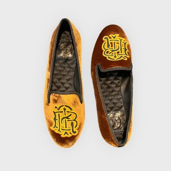 RARE Tory Burch Velvet Loafer Shoes Gold Brown Old Money Quiet Luxury Slide On