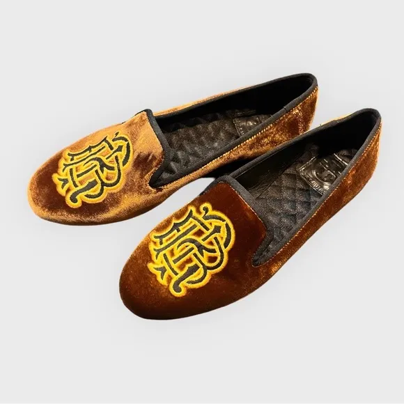RARE Tory Burch Velvet Loafer Shoes Gold Brown Old Money Quiet Luxury Slide On