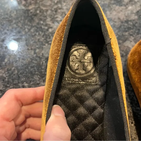 RARE Tory Burch Velvet Loafer Shoes Gold Brown Old Money Quiet Luxury Slide On