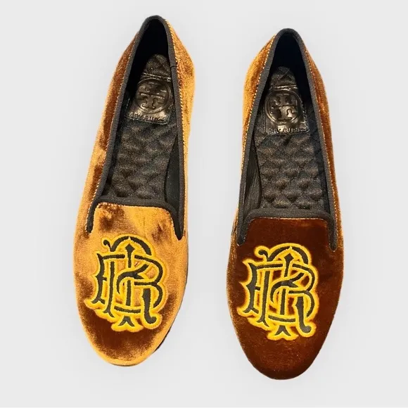 RARE Tory Burch Velvet Loafer Shoes Gold Brown Old Money Quiet Luxury Slide On