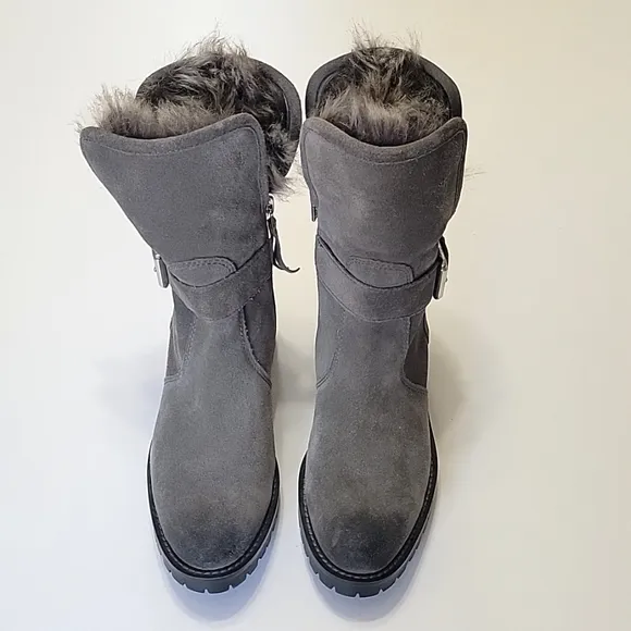Sam Eldelman Jeanie faux -fur weatherproof grey suede boots women's 6.5  NWOT