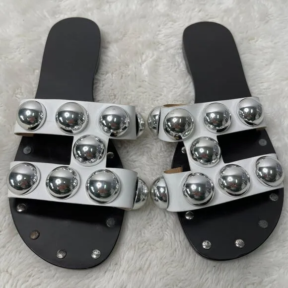 Schutz Women's White Benedita Slide Leather Studded Sandals Shoes Size 7.5B