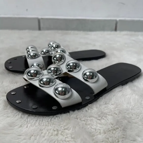 Schutz Women's White Benedita Slide Leather Studded Sandals Shoes Size 7.5B