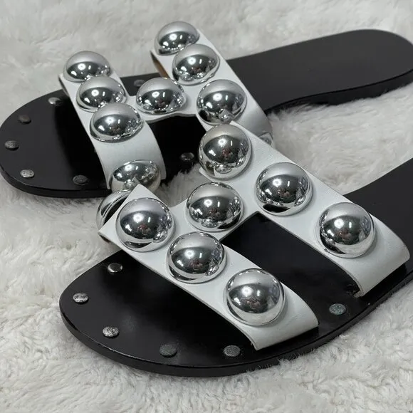 Schutz Women's White Benedita Slide Leather Studded Sandals Shoes Size 7.5B