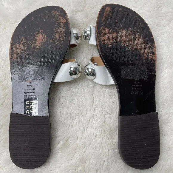 Schutz Women's White Benedita Slide Leather Studded Sandals Shoes Size 7.5B