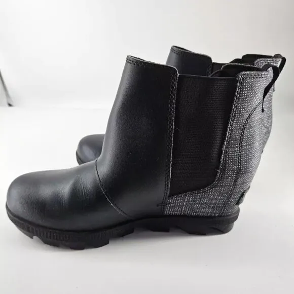 Sorel Boots Youth 3 Joan of Arctic Wedge II Chelsea Black Leather Waterproof